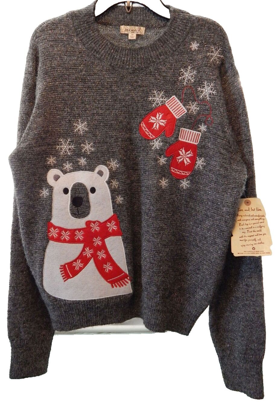 One World Gray Silver Sparkle Woman's MED Polar Bear Wool Blend Snow Sweater NWT